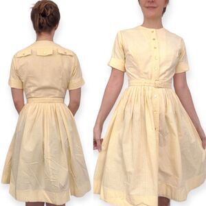 Vintage 60s Yellow Striped Dress Cotton Spring Summer Short Sleeve XS